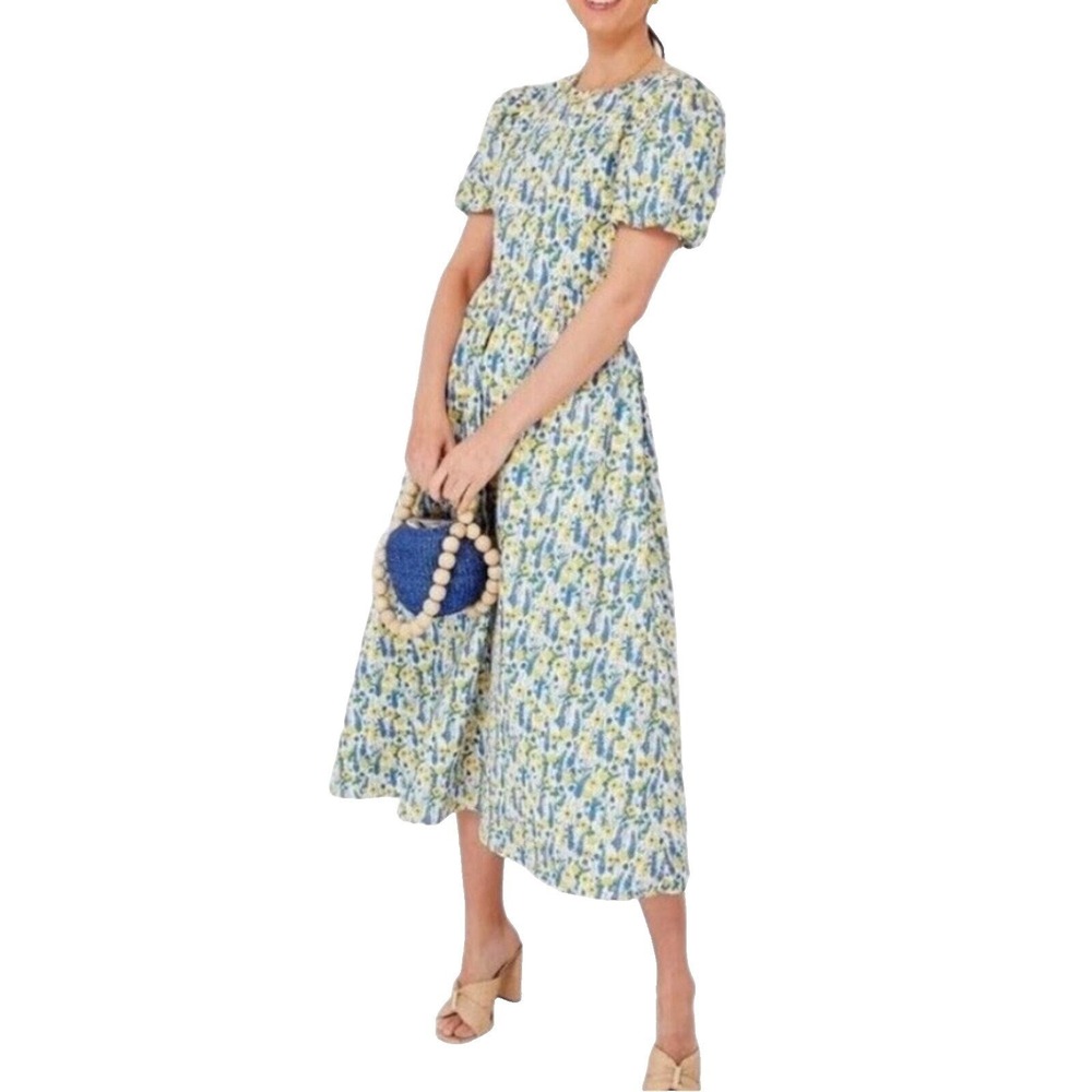 Hyacinth House XS Blue Yellow Floral Puff Sleeve Open Back Midi Dress